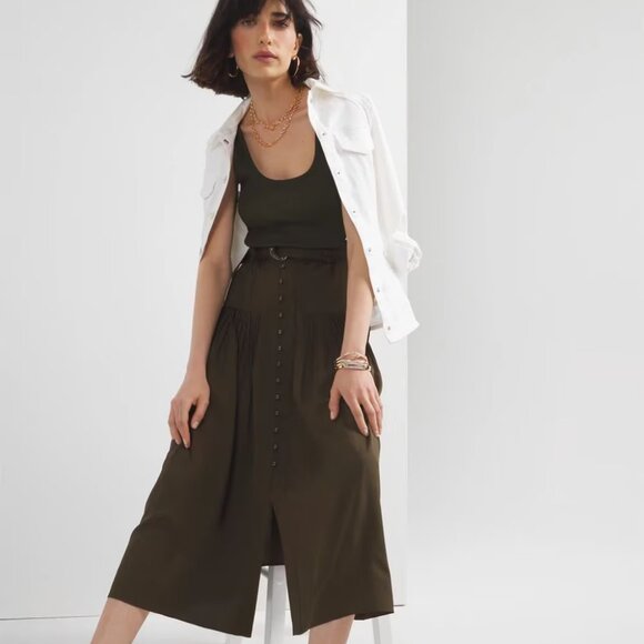 WHBM $120 WITH POCKETS Belted Utility Midi Skirt Olive Sergeant 12 RUNS SMALL 10 - Picture 5 of 9